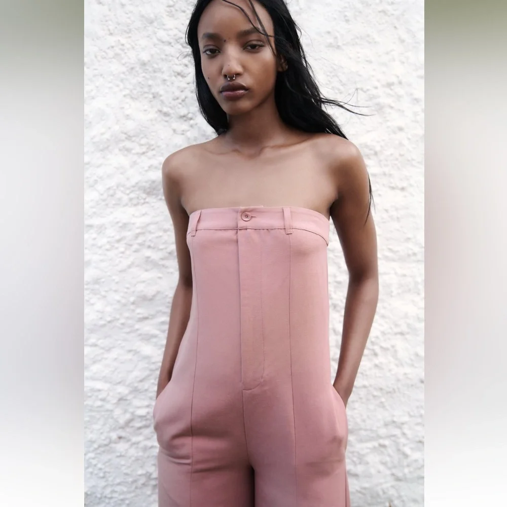 Zara STRAPLESS LINEN BLEND JUMPSUIT. Pale Pink. Size XS. New with Tags.